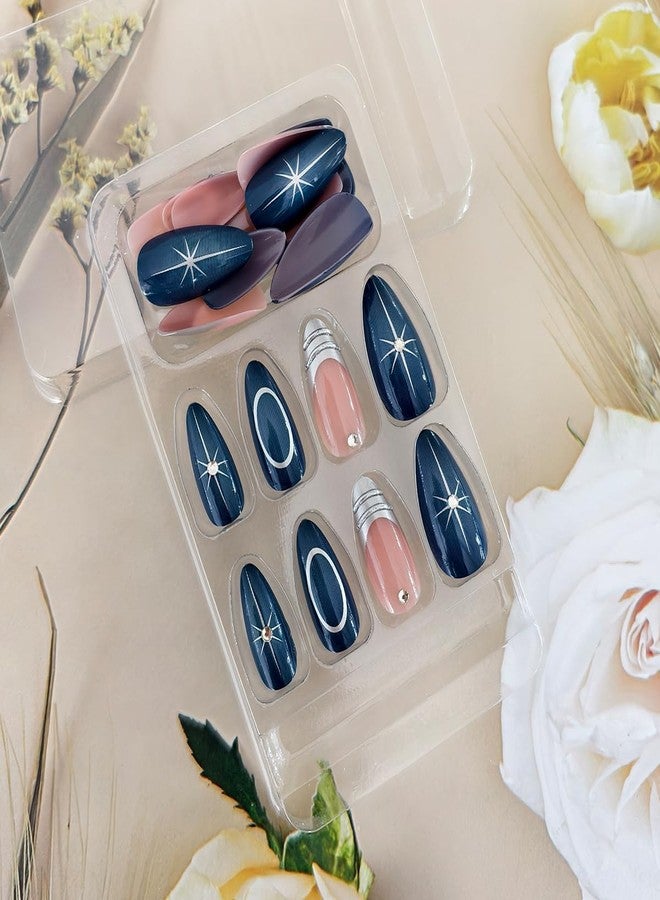 OSTTMA 24Pcs Almond Press on Nails Short Fake Nails with Star Designs Gradient Blue Acrylic Nail Silver French Tip Glue on Nail with Rhinestones Metallic Style 3D Nails Press ons False Nails for Women - Image 4